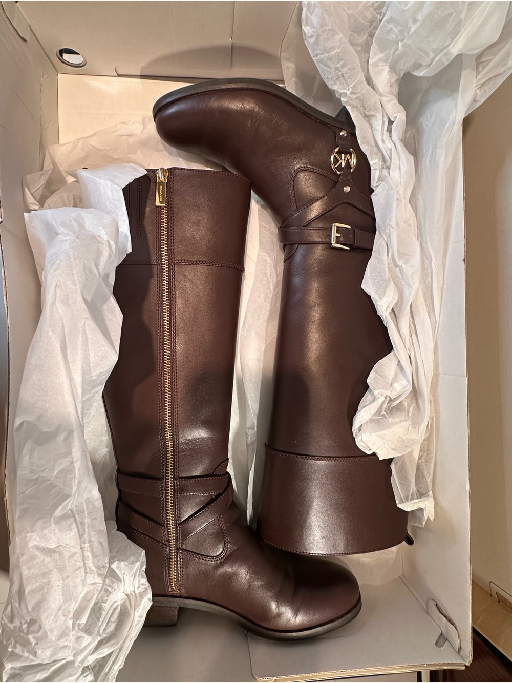 Michael Kors Fulton Harness Brown Leather Tall Riding Boots Gold MK Logo Sz 6 - Picture 2 of 8